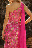 Sparkly 3D Flower One Shoulder Fuchsia Cut Out Prom Dress