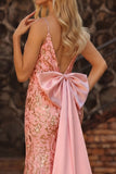Sparkly Pink Mermaid Maxi Prom Dress with Bow