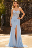 Strapless Beaded Ruched Sky Blue Maxi Prom Dress