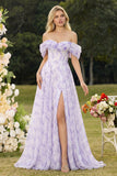 Off the Shoulder Floral Lilac A Line Corset Prom Dress
