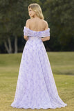 Off the Shoulder Floral Lilac A Line Corset Prom Dress