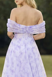 Off the Shoulder Floral Lilac A Line Corset Prom Dress