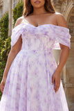 Off the Shoulder Plus Size Floral Lilac A Line Corset Prom Dress