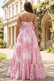 3D Flower Cut Out Pink Floral Plus Size Corset Prom Dress