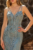 Sparkly Grey Green Beaded Mermaid Maxi Prom Dress