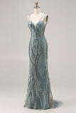 Sparkly Grey Green Beaded Spaghetti Straps Mermaid Prom Dress