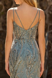 Sparkly Grey Green Beaded Mermaid Maxi Prom Dress