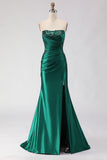 Dark Green Strapless Ruched Mermaid Sequin Prom Dress