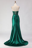 Dark Green Strapless Ruched Mermaid Sequin Prom Dress