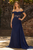 Off The Shoulder Navy A-Line Lace Corset Prom Dress With Drape
