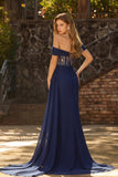Off The Shoulder Navy A-Line Lace Corset Prom Dress With Drape
