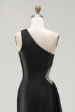 One Shoulder Cut Out Satin Black Tie Dress With Slit