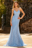 Mermaid Sky Blue Spaghetti Straps Beaded Prom Dress