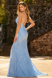 Mermaid Sky Blue Spaghetti Straps Beaded Prom Dress