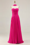 Fuchsia A-Line Strapless Pleated Prom Dress