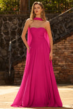Fuchsia A-Line Strapless Pleated Prom Dress