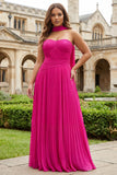 Strapless Plus Size Fuchsia A Line Pleated Prom Dress