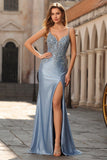 Mermaid Grey Blue Spaghetti Straps Embroidered Prom Dress