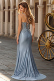 Mermaid Grey Blue Spaghetti Straps Embroidered Prom Dress