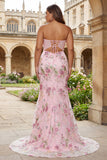 Pink Floral Plus Size Strapless Corset Mermaid Prom Dress