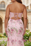 Pink Floral Plus Size Strapless Corset Mermaid Prom Dress