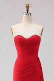 Red Strapless Beaded Mermaid Prom Dress With Slit