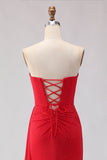 Red Strapless Beaded Mermaid Prom Dress With Slit