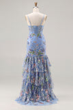 Blue Mermaid Floral Ruffled Sequin Prom Dress With Slit