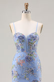 Blue Mermaid Floral Ruffled Sequin Prom Dress With Slit