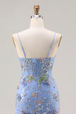 Blue Mermaid Floral Ruffled Sequin Prom Dress With Slit