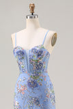 Blue Mermaid Floral Ruffled Sequin Prom Dress With Slit