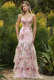 Blue Mermaid Floral Ruffled Sequin Prom Dress With Slit