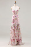 Blue Mermaid Floral Ruffled Sequin Prom Dress With Slit