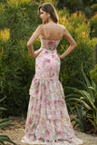 Blue Mermaid Floral Ruffled Sequin Prom Dress With Slit