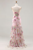 Blue Mermaid Floral Ruffled Sequin Prom Dress With Slit