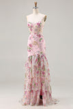 Blue Mermaid Floral Ruffled Sequin Prom Dress With Slit