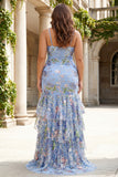 Pink Floral Plus Size Tiered Mermaid Sequin Prom Dress