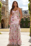 Pink Floral Plus Size Tiered Mermaid Sequin Prom Dress