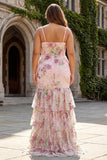 Pink Floral Plus Size Tiered Mermaid Sequin Prom Dress