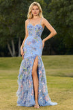 Pink Floral Tiered Mermaid Sequin Prom Dress with Ruffles
