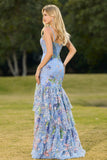 Blue Mermaid Floral Ruffled Sequin Prom Dress With Slit