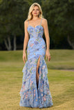 Pink Floral Tiered Mermaid Sequin Prom Dress with Ruffles