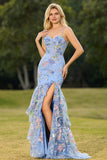 Pink Floral Tiered Mermaid Sequin Prom Dress with Ruffles