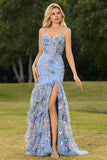 Blue Mermaid Floral Corset Sequin Prom Dress with Ruffles