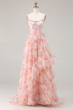 Pink Strapless A-Line Corset Floral Beaded Prom Dress