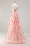 Pink Strapless A-Line Corset Floral Beaded Prom Dress