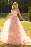 Pink Strapless A-Line Corset Floral Beaded Prom Dress