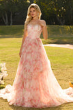 Pink Strapless A-Line Corset Floral Beaded Prom Dress