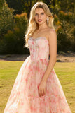Pink Strapless A-Line Corset Floral Beaded Prom Dress