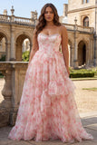 Strapless Plus Size Pink Floral A Line Corset Beaded Prom Dress